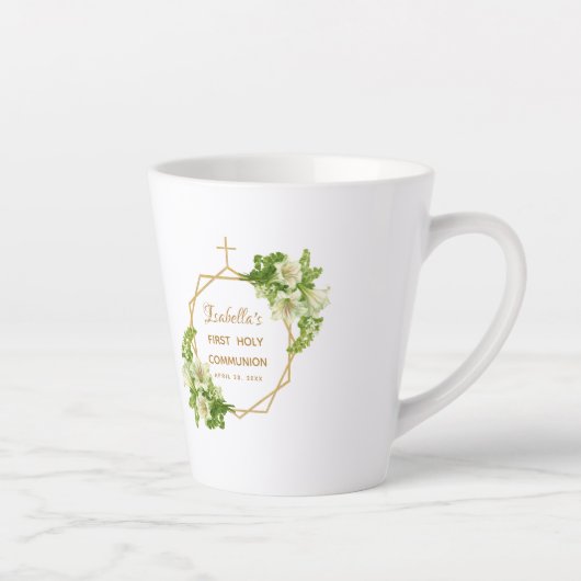Eerste Communie Bloemenlelies Gouden Kruis Geometr Latte Mok (Rechts)