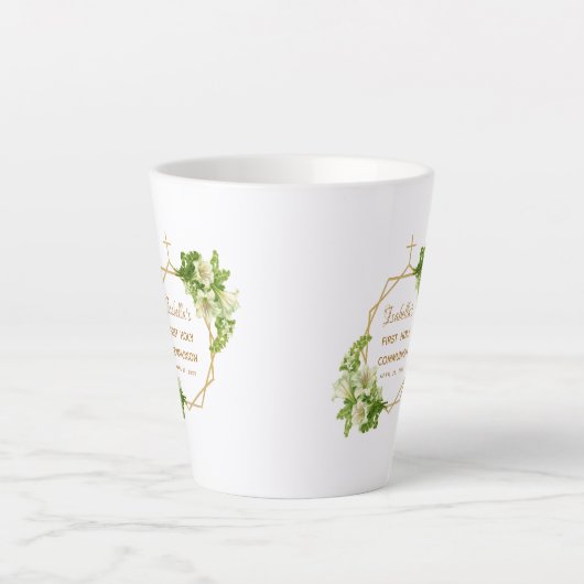 Eerste Communie Bloemenlelies Gouden Kruis Geometr Latte Mok (Voorkant)
