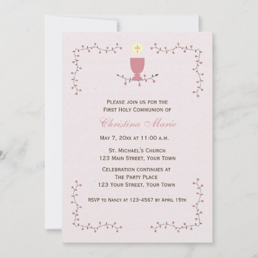 Eerste communie, bloemenwijnstokken met roze kelk kaart (Voorkant)