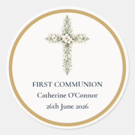 Eerste Communie Bloemkruis Ronde Sticker