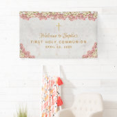 Eerste Communie Bloemrijke Roze Orchideeën Script Spandoek (Insitu)