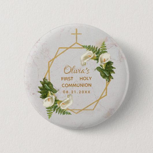Eerste Communie Bloemstuk Gouden Marmeren Calla-le Ronde Button 5,7 Cm (Voorkant)