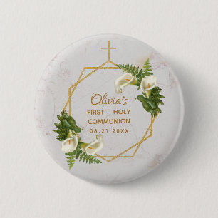 Eerste Communie Bloemstuk Gouden Marmeren Calla-le Ronde Button 5,7 Cm
