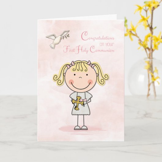 Eerste communie, blond meisje, gefeliciteerd kaart (Gele Bloem)