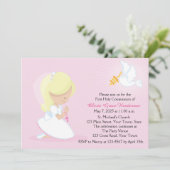 Eerste communie, blond meisje, roze kaart (Staand voorkant)