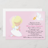 Eerste communie, blond meisje, roze kaart (Voorkant / Achterkant)