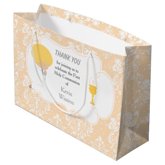 Eerste Communie Blonde Jongen Peach Damask Groot Cadeauzakje (Achterkant Gekanteld)