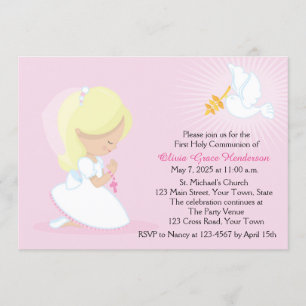 Eerste communie, blondemeisje, roze kaart