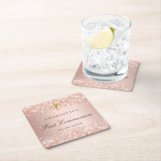 Eerste Communie blos roze goud glans naam Kartonnen Onderzetters (Insitu)