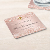 Eerste Communie blos roze goud glans naam Kartonnen Onderzetters (Schuin)