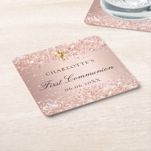Eerste Communie blos roze goud glans naam Kartonnen Onderzetters (Schuin)