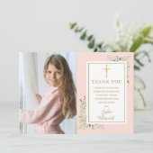 Eerste Communie Blush Roze Groene Foto Bedankkaart (Staand voorkant)