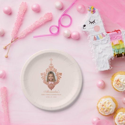 Eerste Communie Blush Roze Rose Goud Meisje Foto Papieren Bordje (Feest)