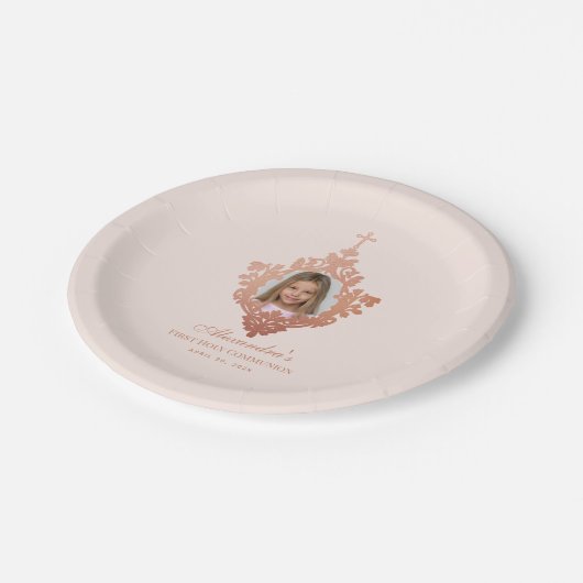 Eerste Communie Blush Roze Rose Goud Meisje Foto Papieren Bordje (Gekanteld)