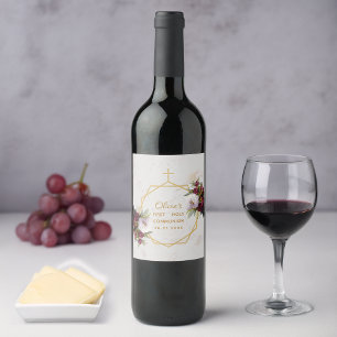 Eerste Communie Bourgogne Pioen Marmer Goud Bloemm Wijn Etiket