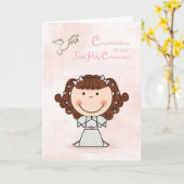 Eerste communie, bruin hair Girl, gefeliciteerd Kaart (Gele Bloem)