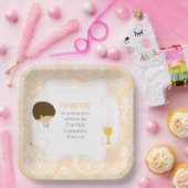 Eerste communie Brunette Boy Beige Damask Papieren Bordje (Feest)