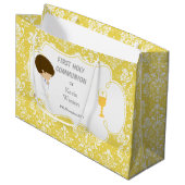 Eerste Communie Brunette Boy Gold Damask Groot Cadeauzakje (Voorkant Gekanteld)