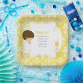 Eerste Communie Brunette Boy Gold Damask Papieren Bordje (Feest)