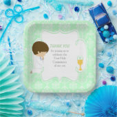 Eerste Communie Brunette Boy Green Damask Papieren Bordje (Feest)