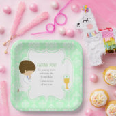Eerste Communie Brunette Boy Green Damask Papieren Bordje (Feest)