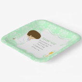 Eerste Communie Brunette Boy Green Damask Papieren Bordje (Gebogen)