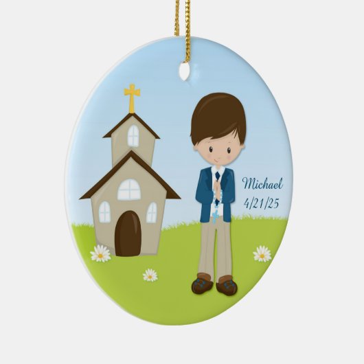 Eerste communie, Brunette Boy Keramisch Ornament (Rechts)