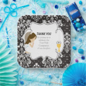 Eerste communie Brunette Girl Black Damask Papieren Bordje (Feest)