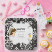 Eerste communie Brunette Girl Black Damask Papieren Bordje (Feest)