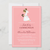 Eerste communie Brunette Girl Pink Kaart (Voorkant)