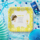 Eerste communie Brunette Girl Yellow Damask Papieren Bordje (Feest)