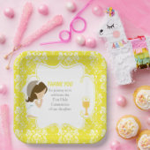 Eerste communie Brunette Girl Yellow Damask Papieren Bordje (Feest)