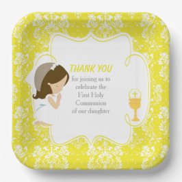 Eerste communie Brunette Girl Yellow Damask Papieren Bordje