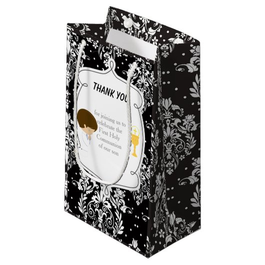 Eerste communie Brunette Hair Boy Dank u Klein Cadeauzakje (Voorkant Gekanteld)