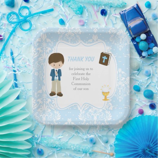 Eerste communie Brunette Hair Boy Dank u Papieren Bordje (Feest)