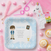 Eerste communie Brunette Hair Boy Dank u Papieren Bordje (Feest)