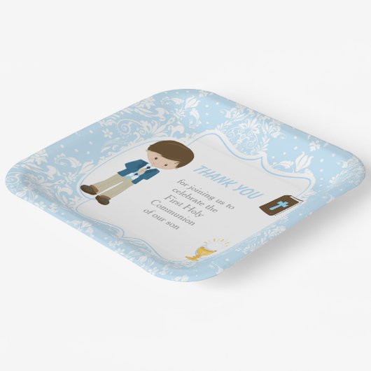 Eerste communie Brunette Hair Boy Dank u Papieren Bordje (Gebogen)