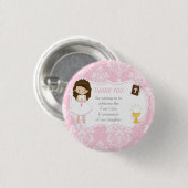 Eerste communie Brunette Hair Girl Dank je Ronde Button 3,2 Cm (Voorkant /achterkant)