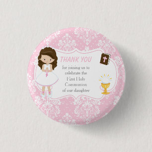 Eerste communie Brunette Hair Girl Dank je Ronde Button 3,2 Cm