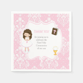 Eerste communie Brunette Hair Girl Dank je Servet