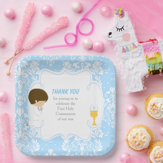Eerste Communie Brunette Jongen Blauw Damask Papieren Bordje (Feest)