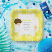 Eerste Communie Brunette Jongen Geel Damask Papieren Bordje (Feest)