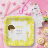 Eerste Communie Brunette Jongen Geel Damask Papieren Bordje (Feest)