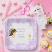 Eerste Communie Brunette Meisje Paarse Damask Papieren Bordje (Feest)
