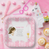 Eerste Communie Brunette Meisje Roze Damask Papieren Bordje (Feest)