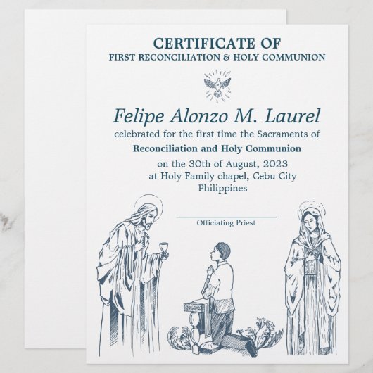 Eerste Communie Certificaat voor jongens Briefhoofd (Voorkant / Achterkant)