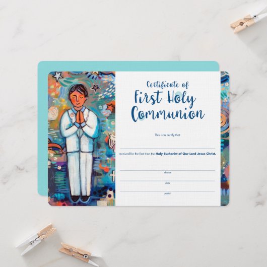Eerste communie certificaat voor katholieke jongen kaart (Voorkant / Achterkant in situ)