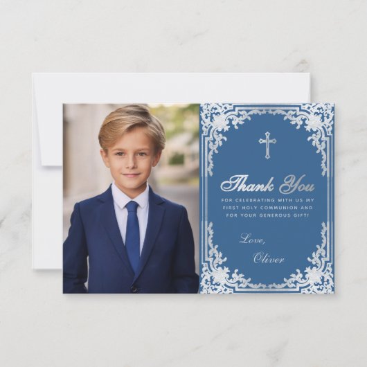 Eerste Communie Classic Blue Boy Foto  Bedankkaart (Voorkant)