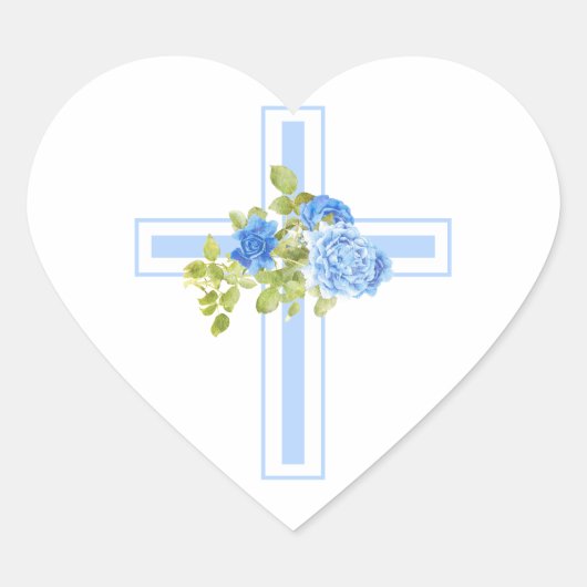Eerste Communie Cross Blue Rozen Floral Hart Sticker (Voorkant)