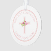 Eerste Communie Cross Roze Rozen Monogrammed Naam Ornament (voorkant)